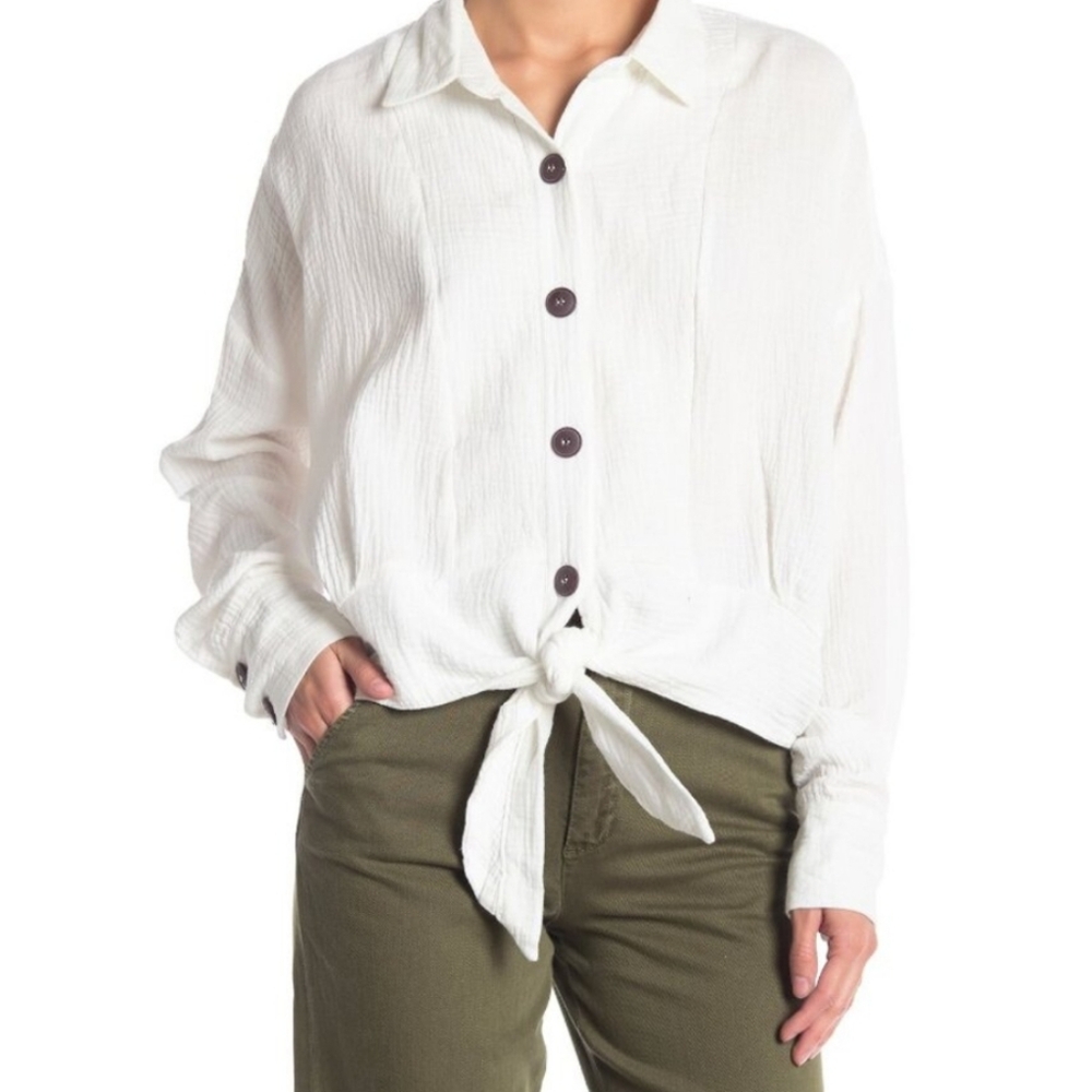 Free People, Sunstreaks Tie Front Top, Ivory, Size XL,